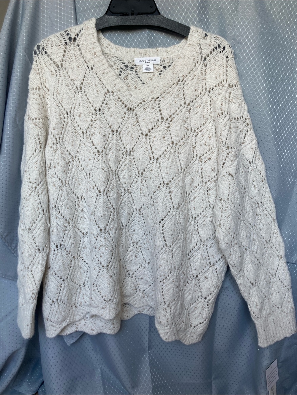 Skye’s the Limit sweater with metallic accents crochet like detail 2X